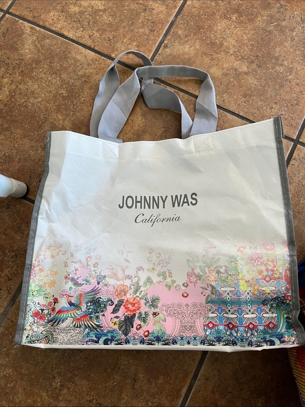 Johnny Was White Tote with Pink Floral & Multicolor Border